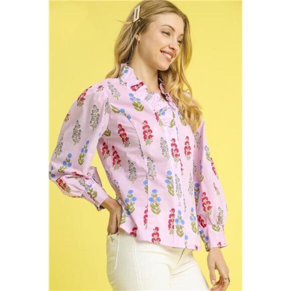 Umgee Floral Print Lantern Sleeve Button Down Shirt - Picture 4 of 4